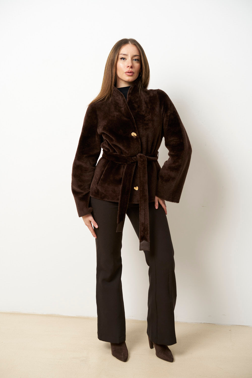 Haină Blană Naturală din Lână Merinos Spaniol, Maro Ciocolata, Mareus