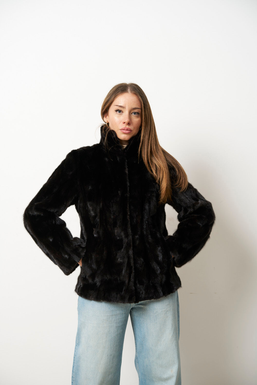 Haină din Blană Naturală de Vizon pentru Femei, Neagra, Mareus