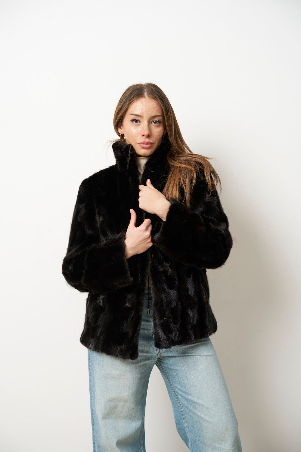 Haină din Blană Naturală de Vizon pentru Femei, Neagra, Mareus