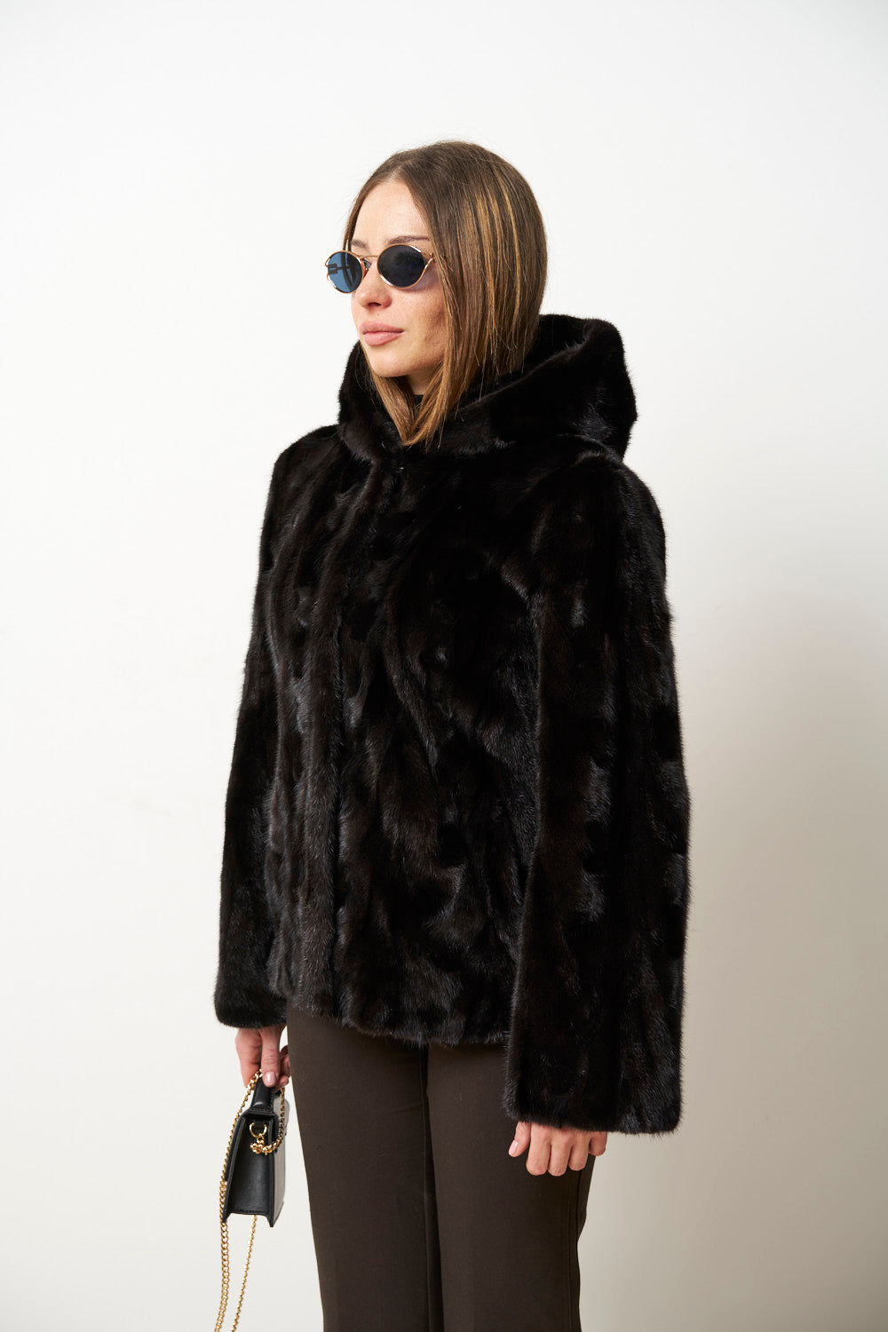 Haină din Blană Naturală de Vizon cu Glugă pentru Femei, Cambrata, Neagra, Mareus