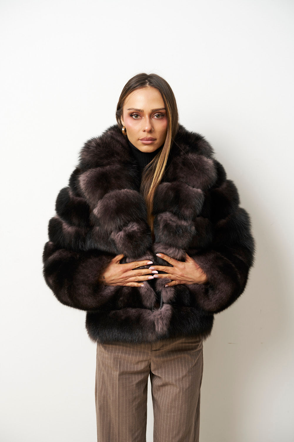 Haină din Blană Naturală de Vulpe pentru Femei, Guler Rever, Maro-Mov, Mareus