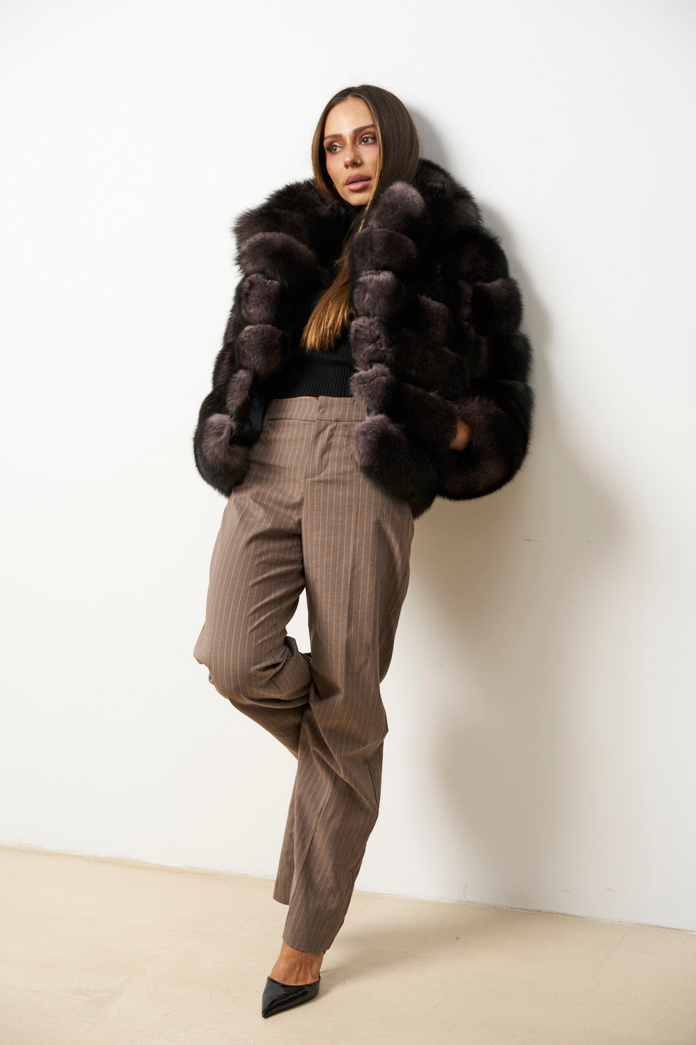 Haină din Blană Naturală de Vulpe pentru Femei, Guler Rever, Maro-Mov, Mareus