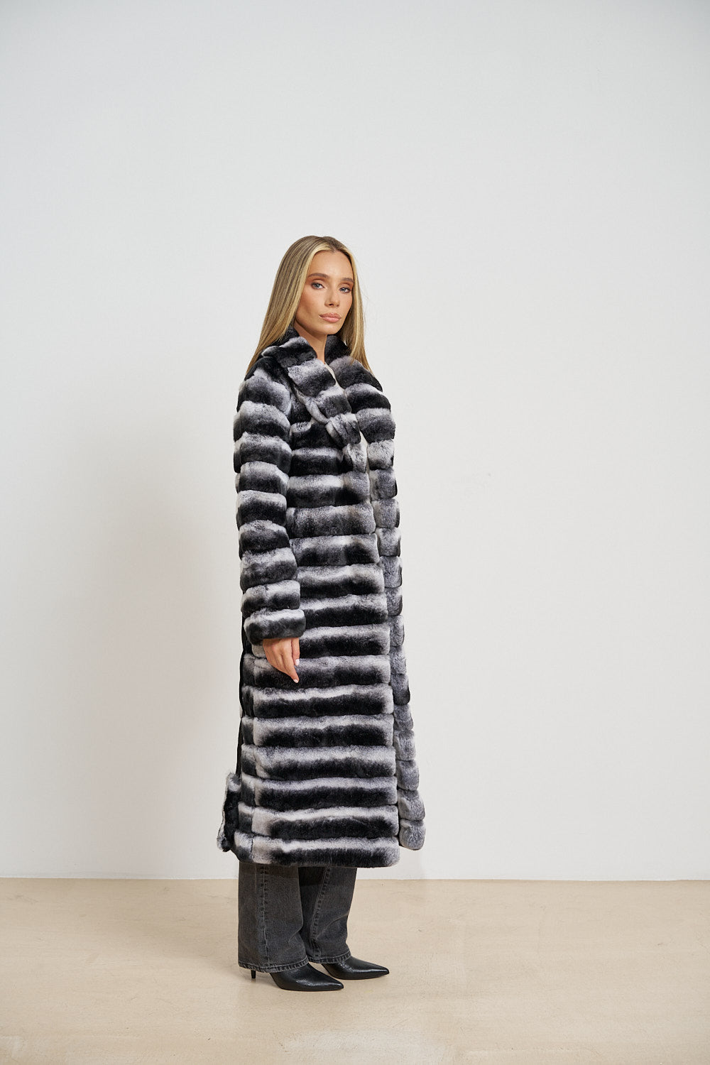 Haină Lungă din Blană Naturală de Rex Chinchilla, Transformabilă, cu Cordon, Silver Grey 699