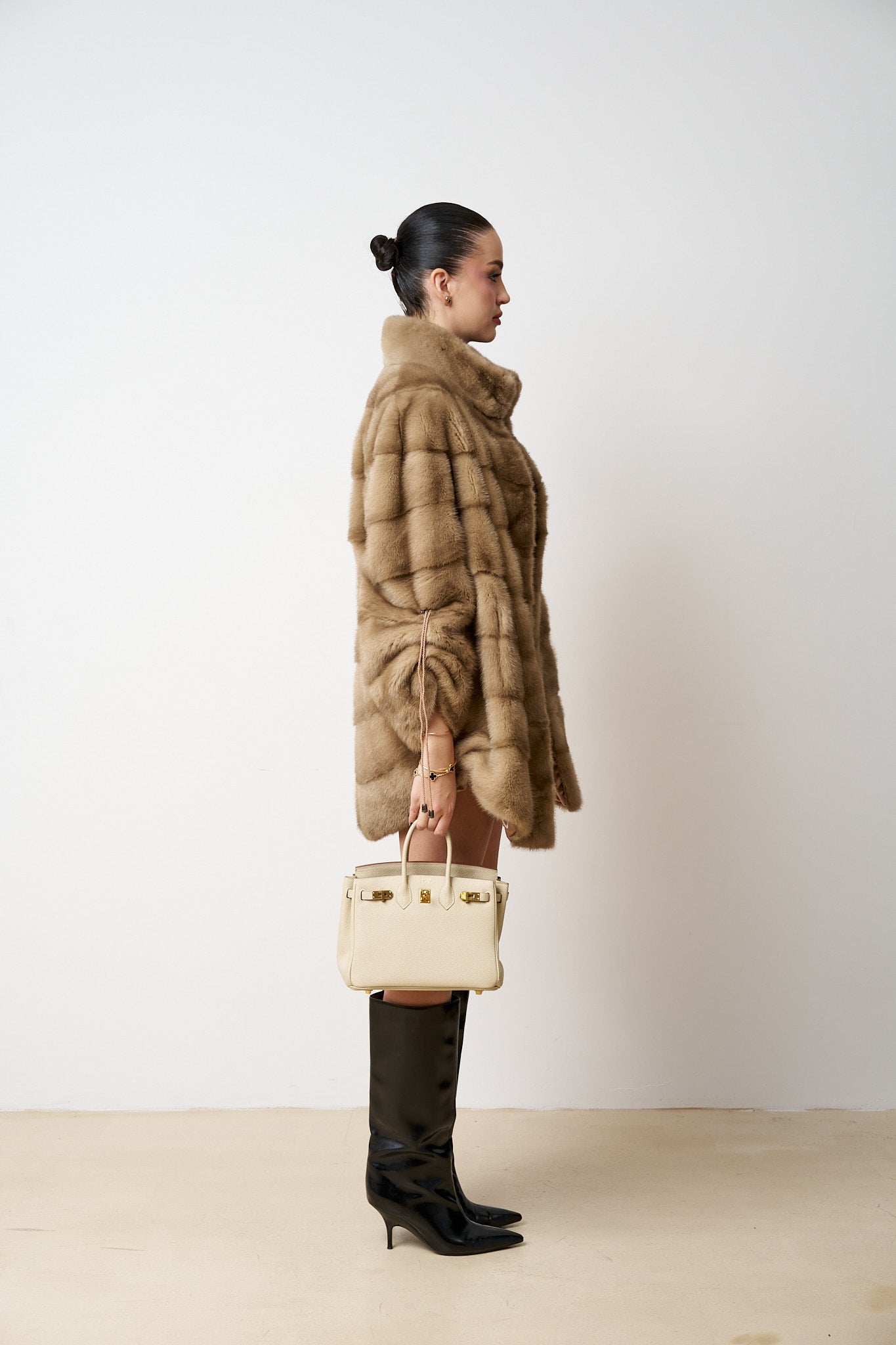 Haină din Blană Naturală de Vizon, Femei, Bej, Mareus