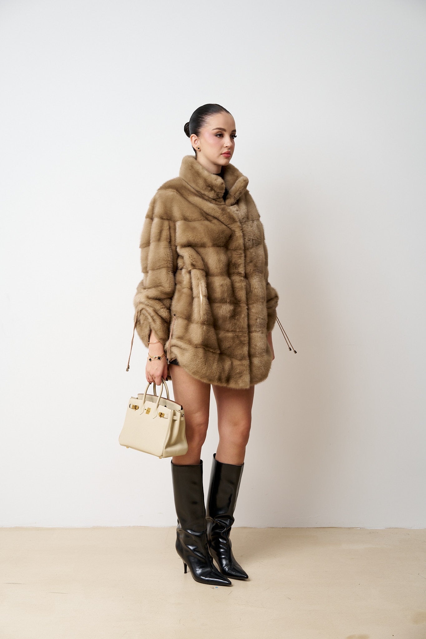 Haină din Blană Naturală de Vizon, Femei, Bej, Mareus