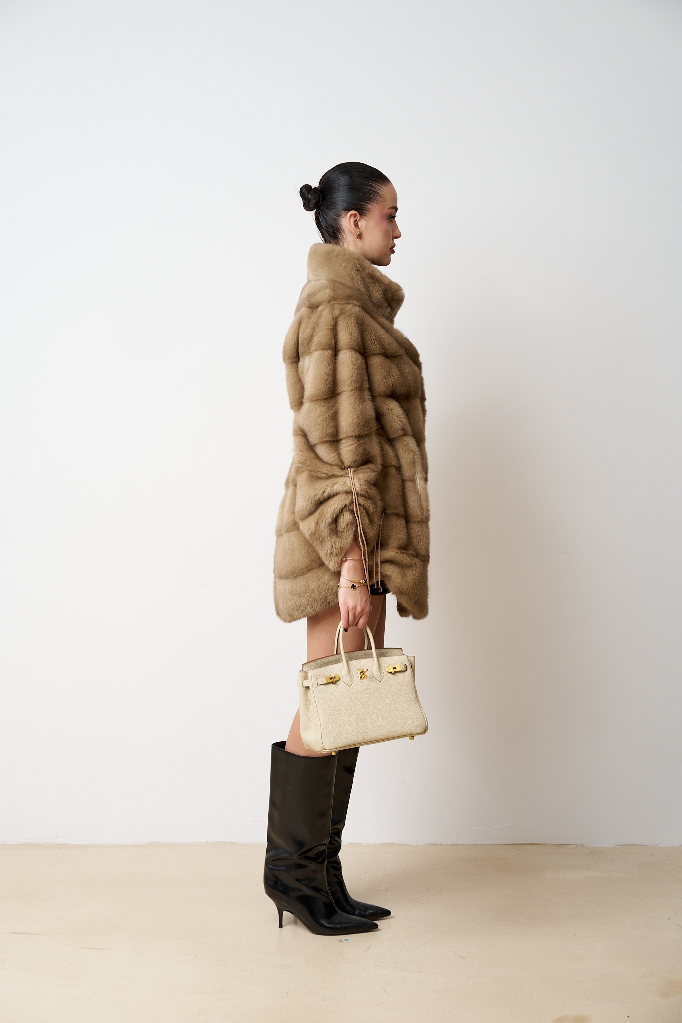 Haină din Blană Naturală de Vizon, Femei, Bej, Mareus