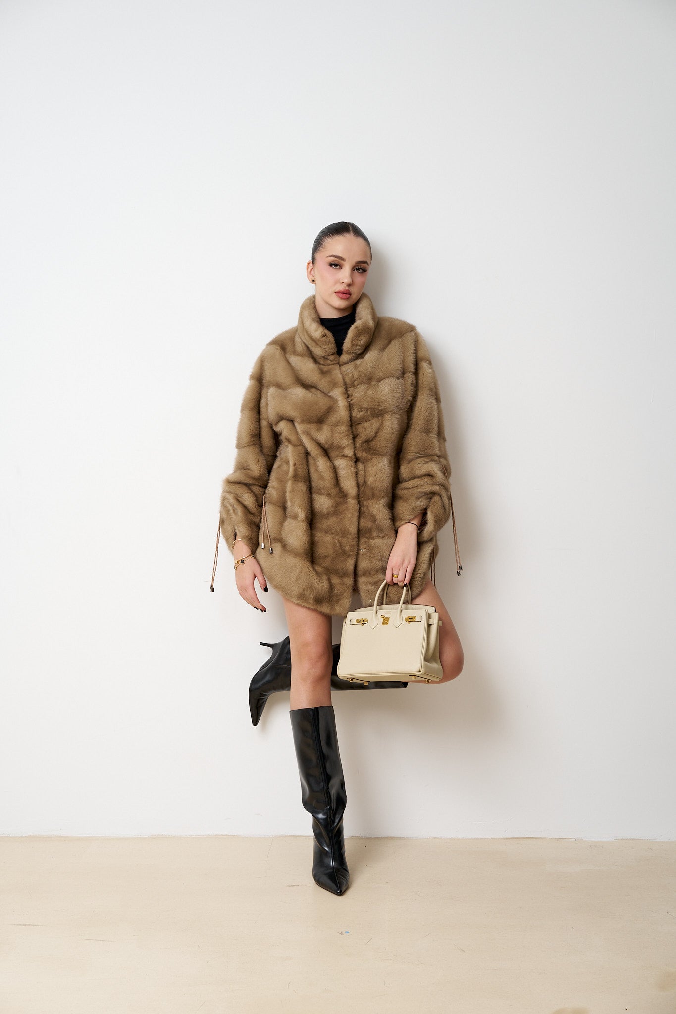 Haină din Blană Naturală de Vizon, Femei, Bej, Mareus