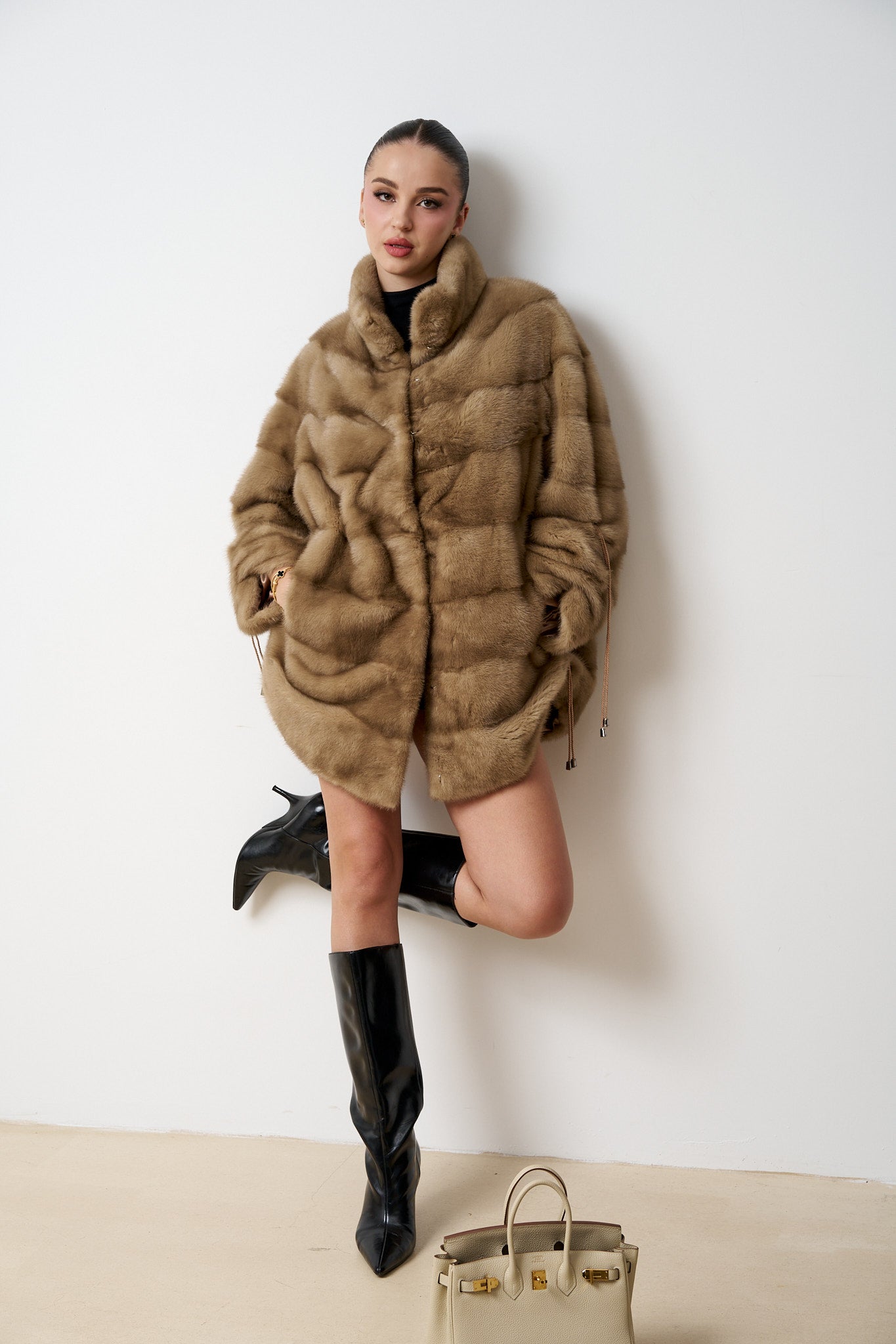 Haină din Blană Naturală de Vizon, Femei, Bej, Mareus