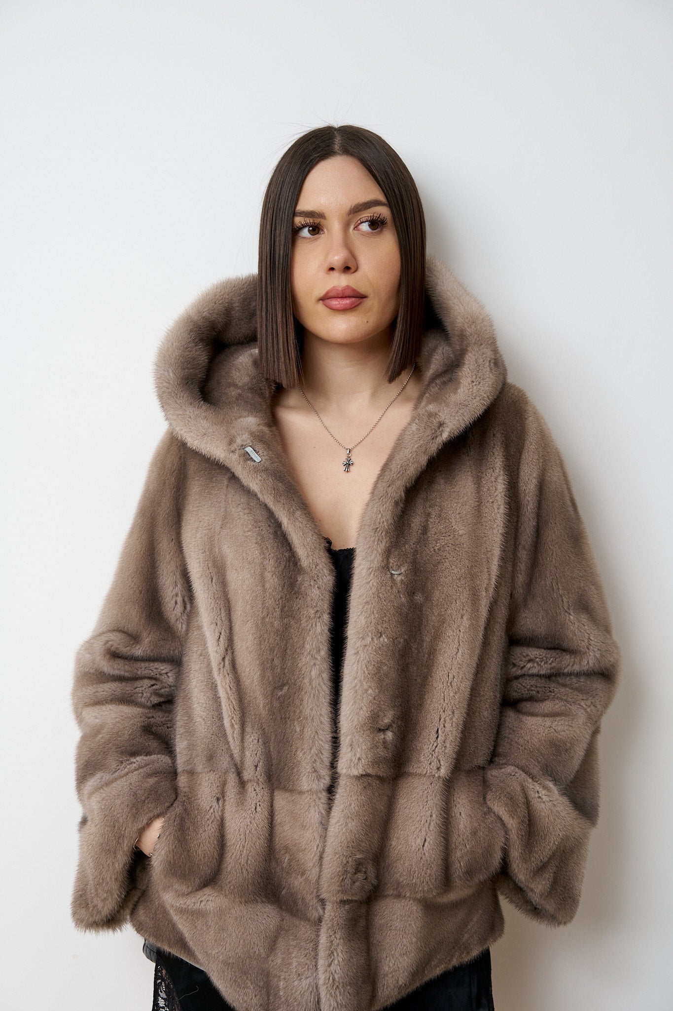 Haină din Blană Naturală de Vizon, Cu Gluga, Femei, Gri, Mareus
