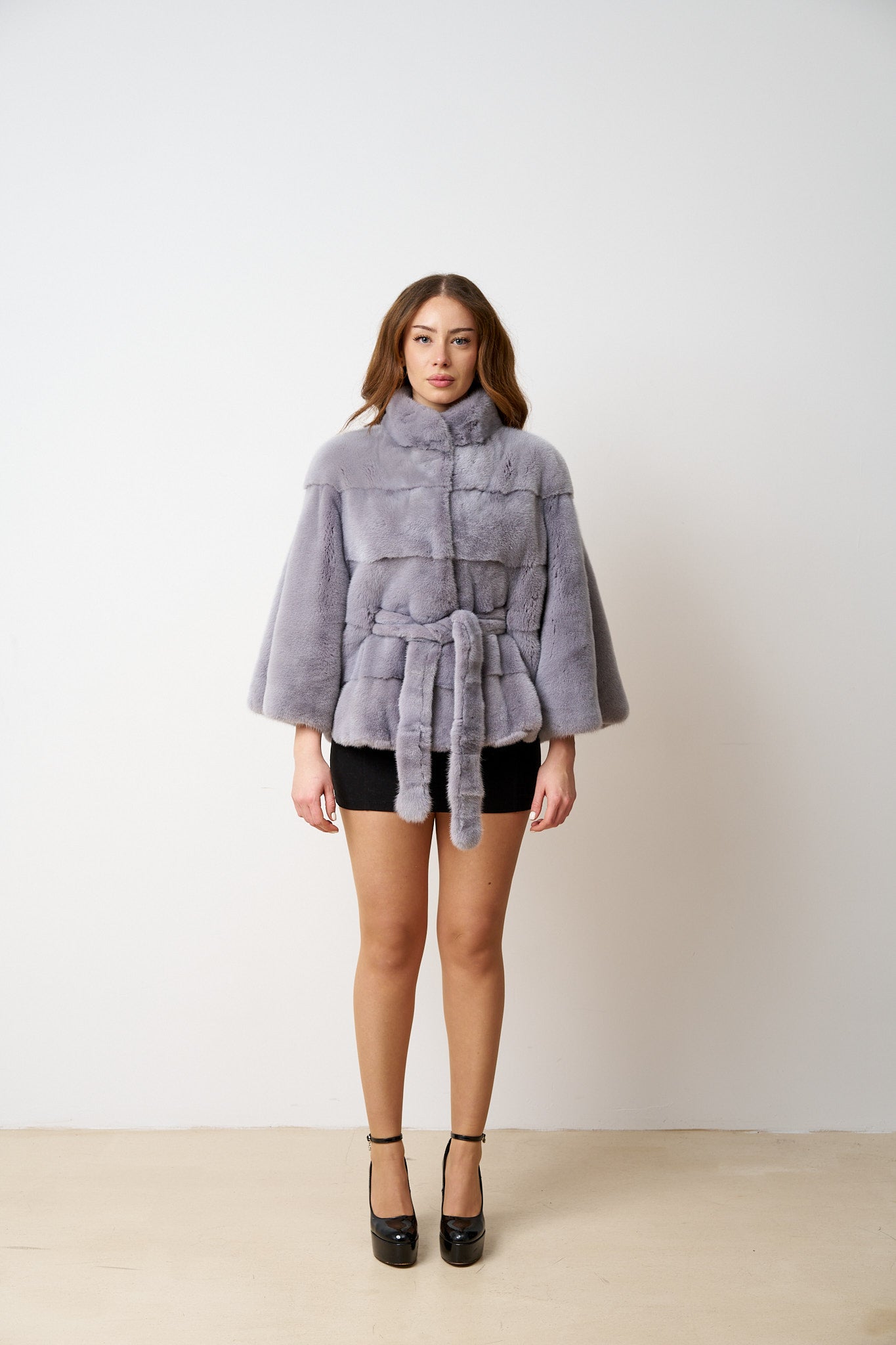 Haină din Blană Naturală de Vizon, cu Cordon, Femei, Liliac 483