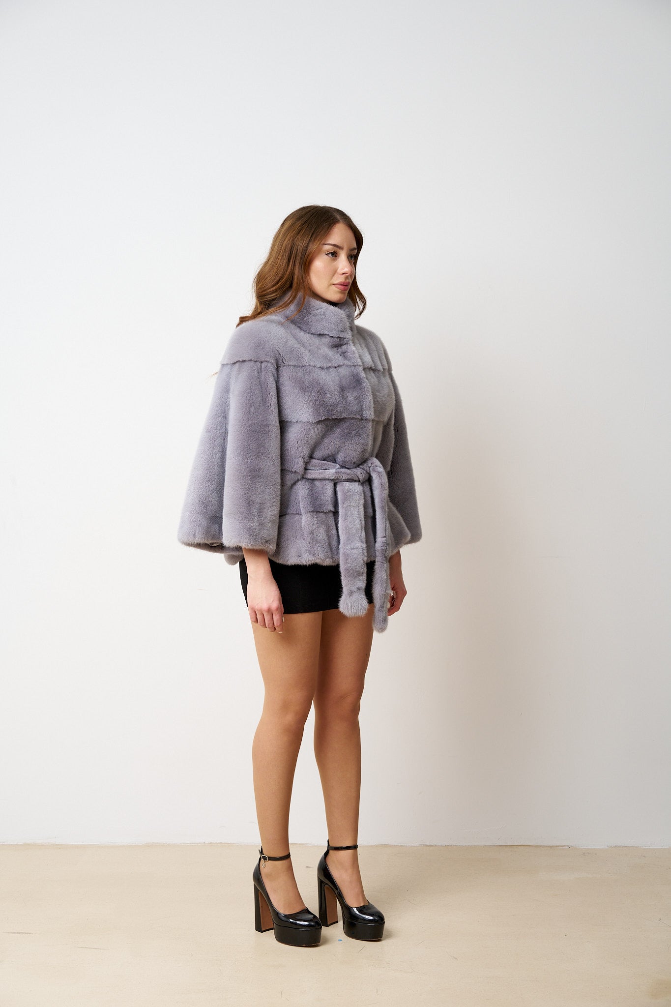 Haină din Blană Naturală de Vizon, cu Cordon, Femei, Liliac 513