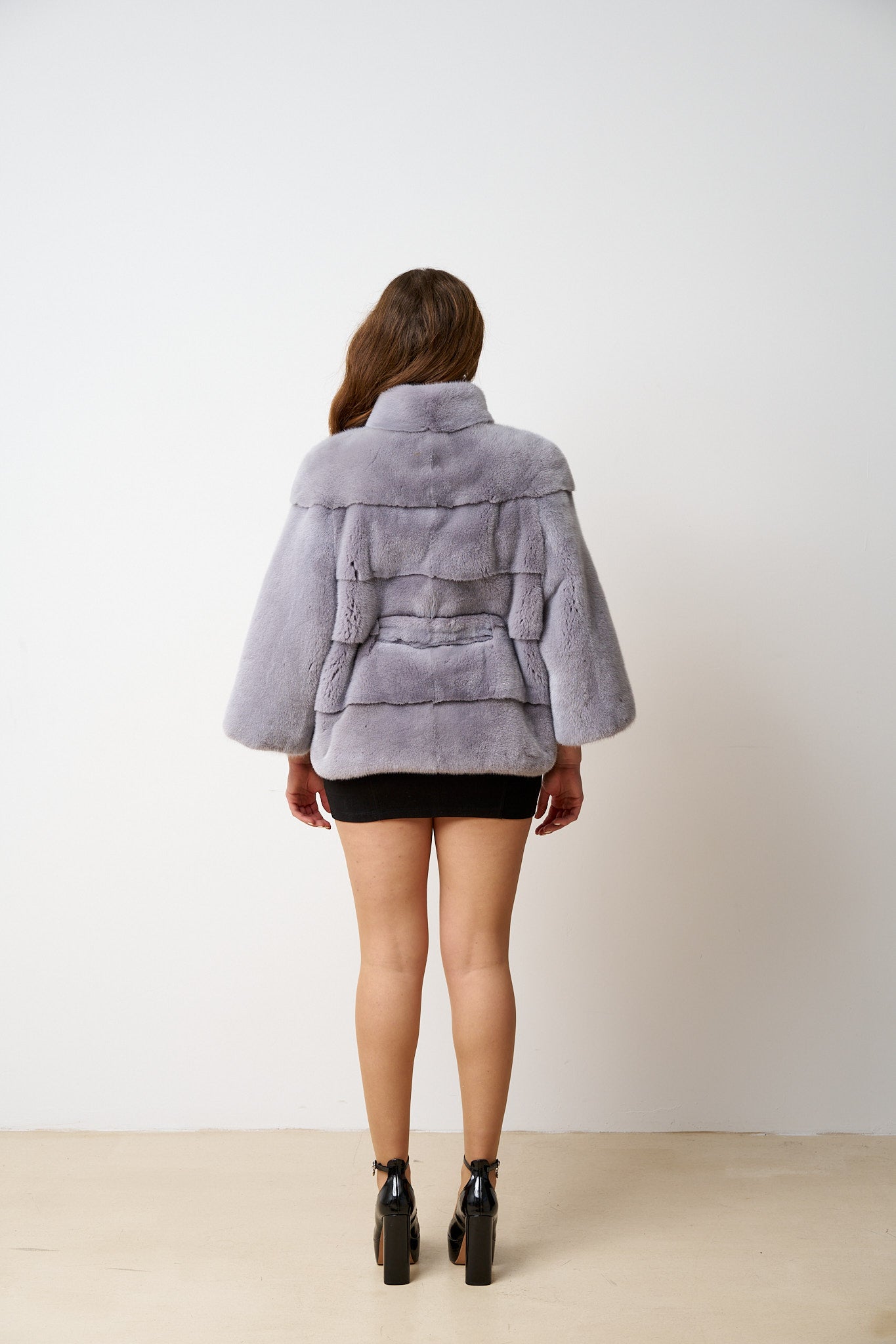 Haină din Blană Naturală de Vizon, cu Cordon, Femei, Liliac 483