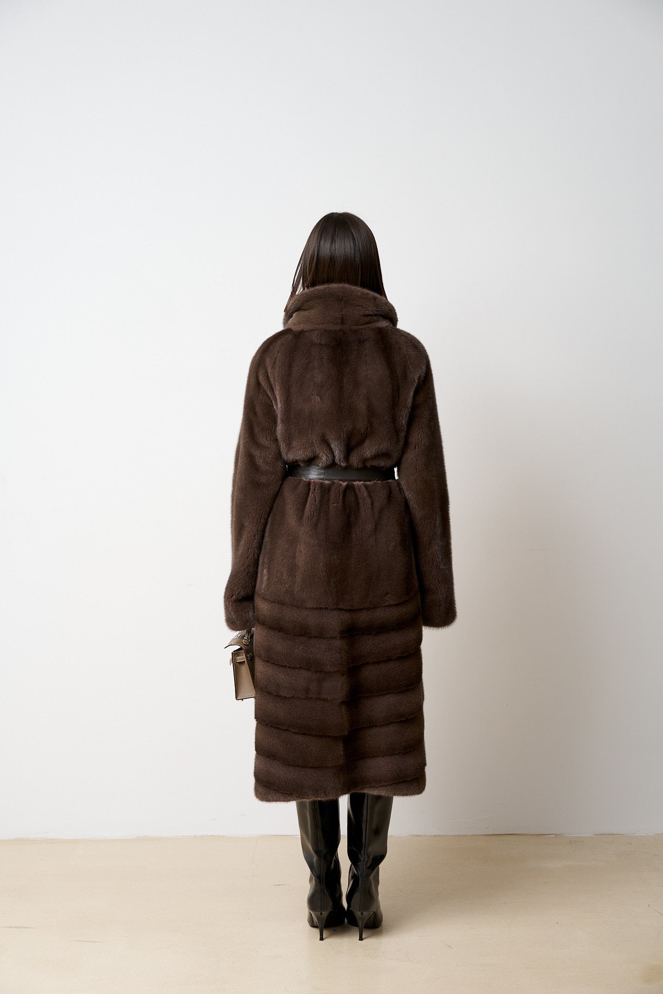 Haină din Blană Naturală de Vizon, cu Cordon, Maro, Mareus