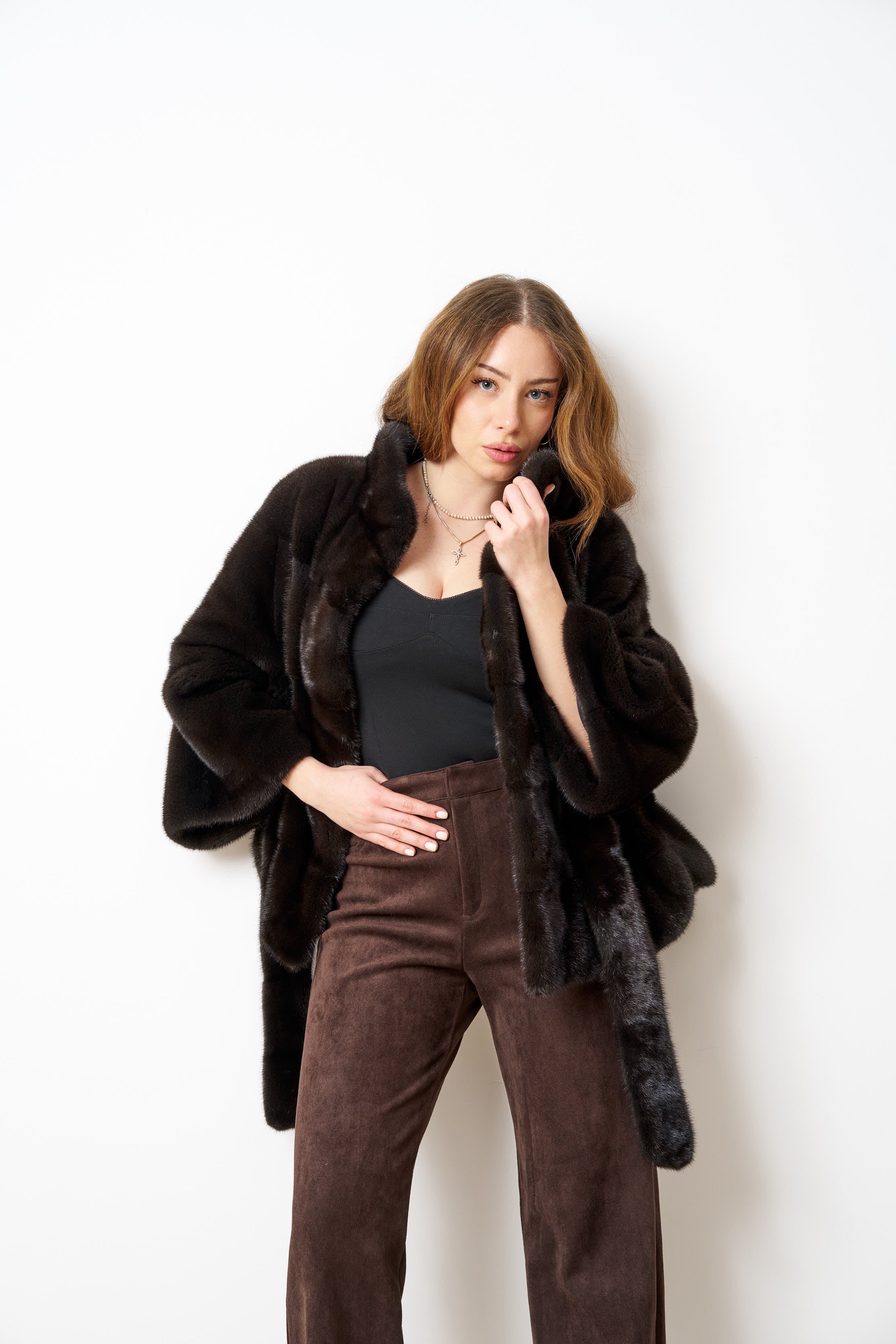 Haină din Blană Naturală de Vizon, cu Cordon, Femei, Olive Brown 514