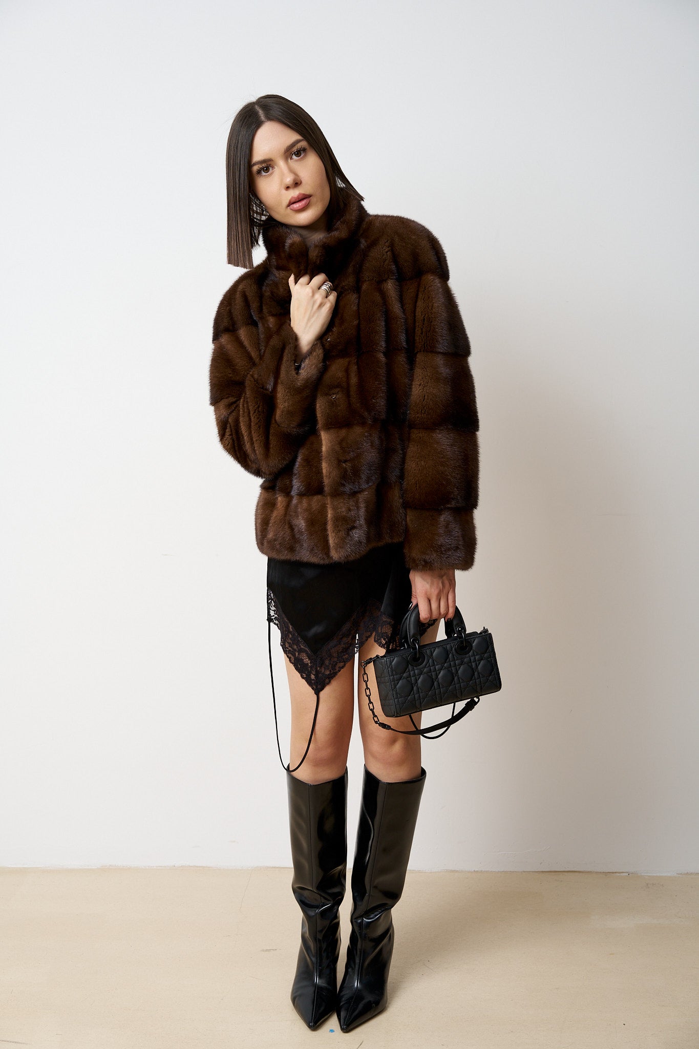 Haină din Blană Naturală de Vizon, Femei, Maro, Mareus