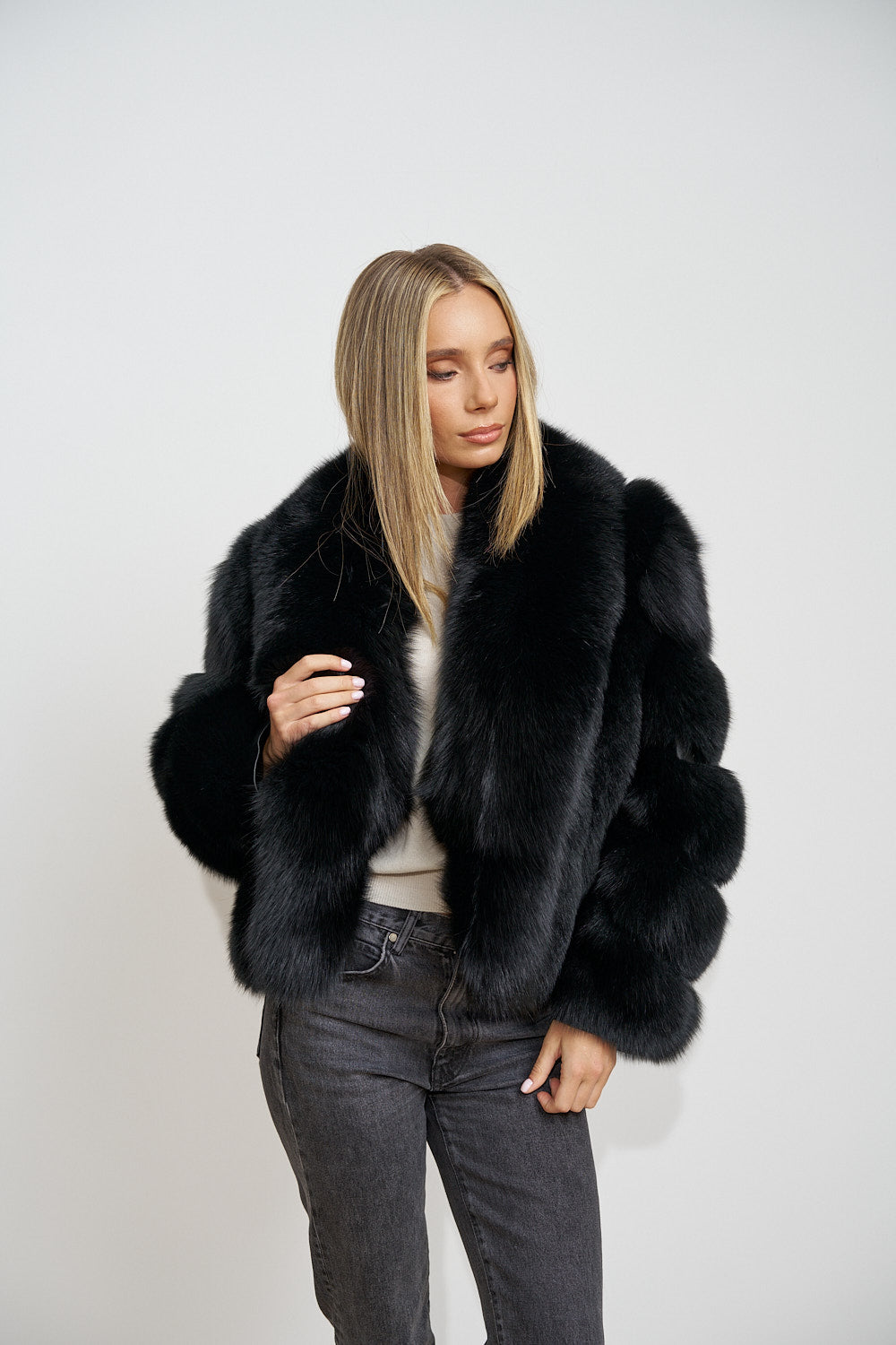 Short Natural Fox Fur Coat, Shawl Collar, Obsidian 672