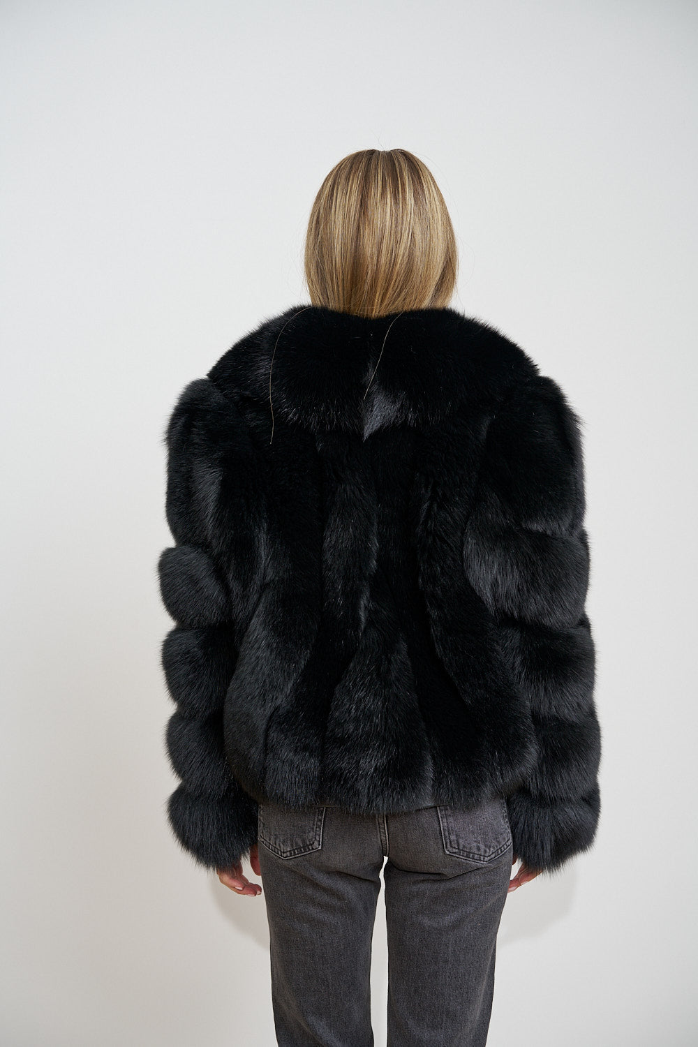 Short Natural Fox Fur Coat, Shawl Collar, Obsidian 672