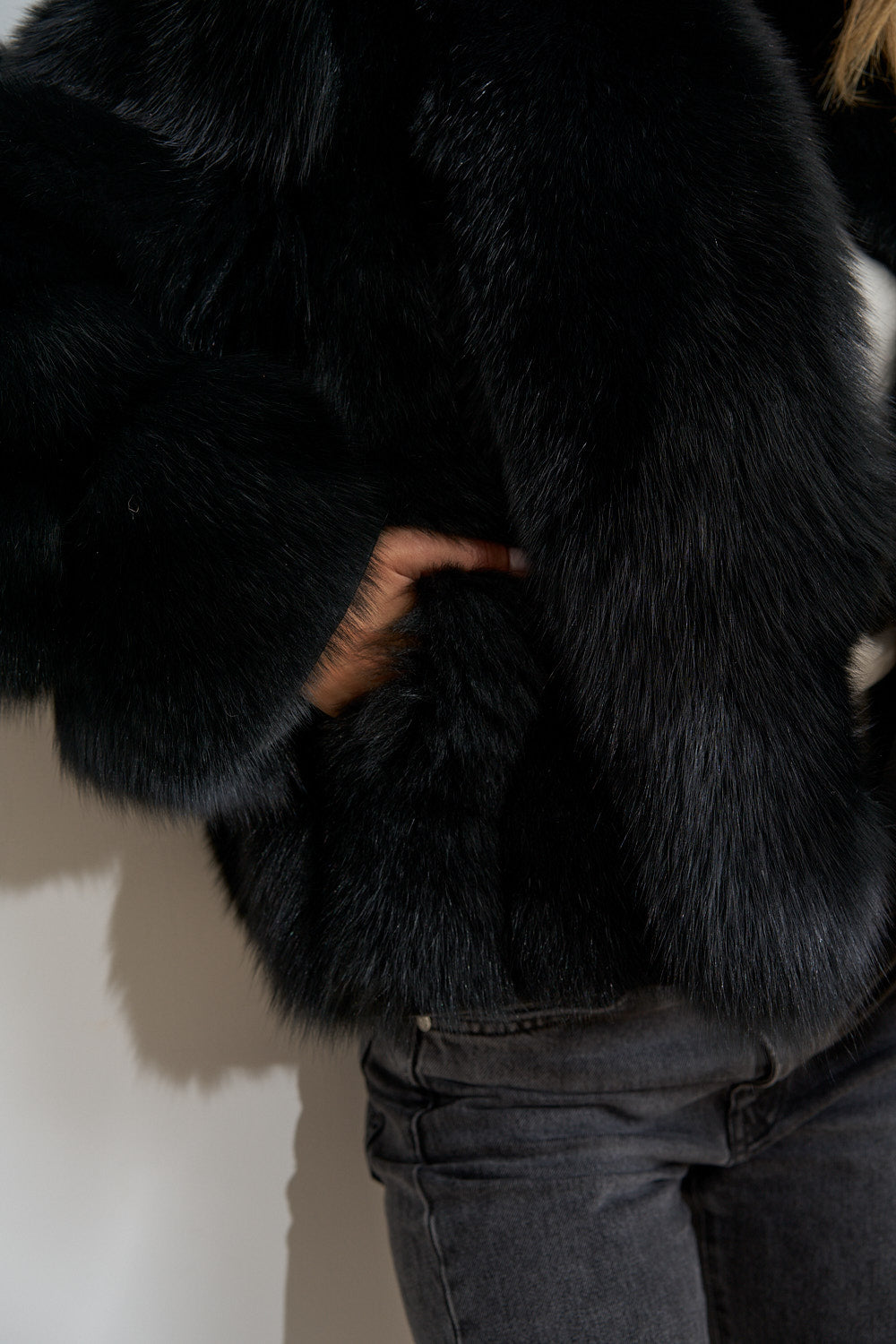 Short Natural Fox Fur Coat, Shawl Collar, Obsidian 672