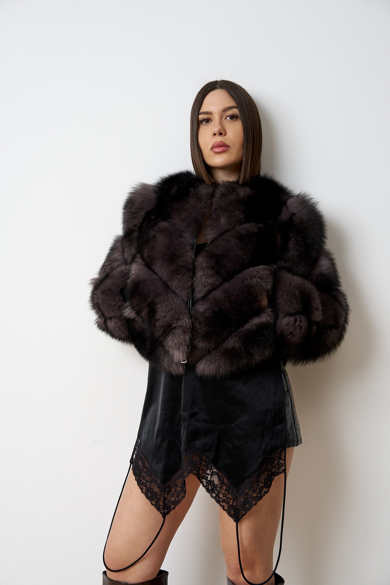 Haină din Blană Naturală de Vulpe cu Inserții din Piele, Model V, Maro, Mareus