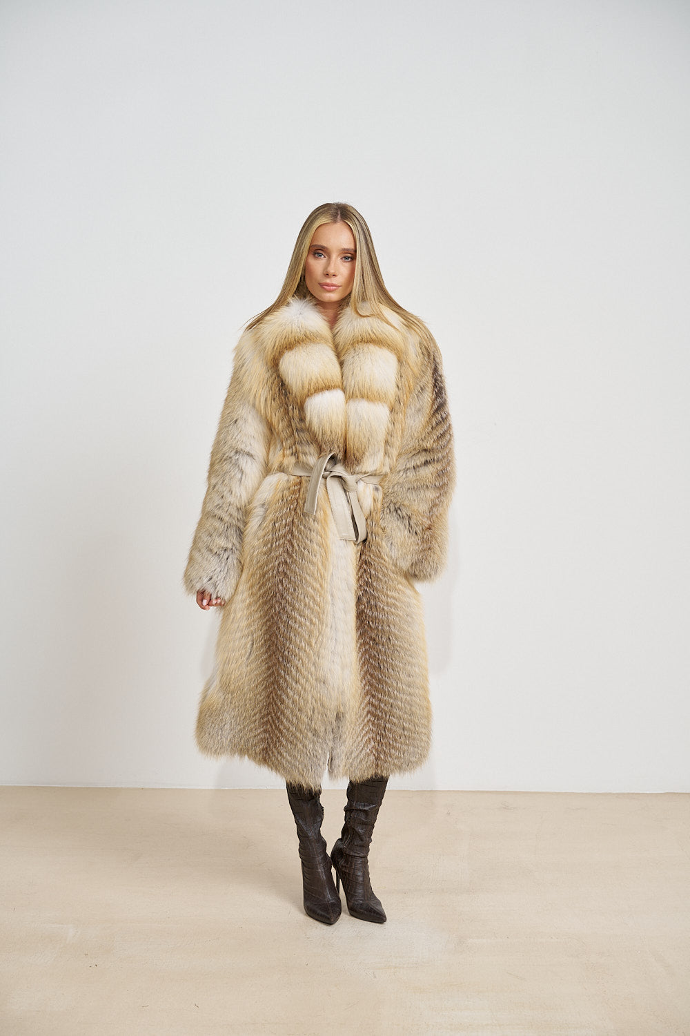 Haină Lungă din Blană Naturală de Vulpe, Guler Rever, cu Cordon, Gold Frost 677
