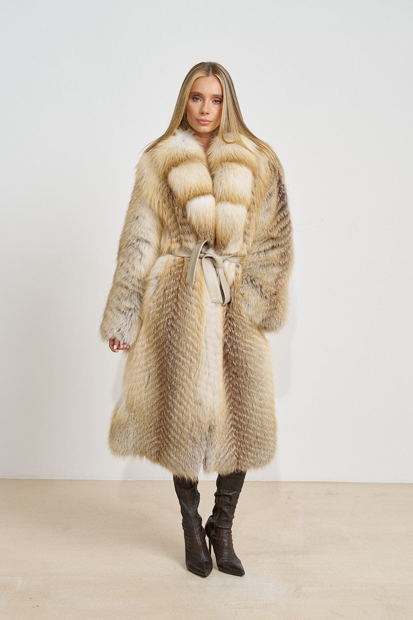 Haină Lungă din Blană Naturală de Vulpe, Guler Rever, cu Cordon, Gold Frost 677