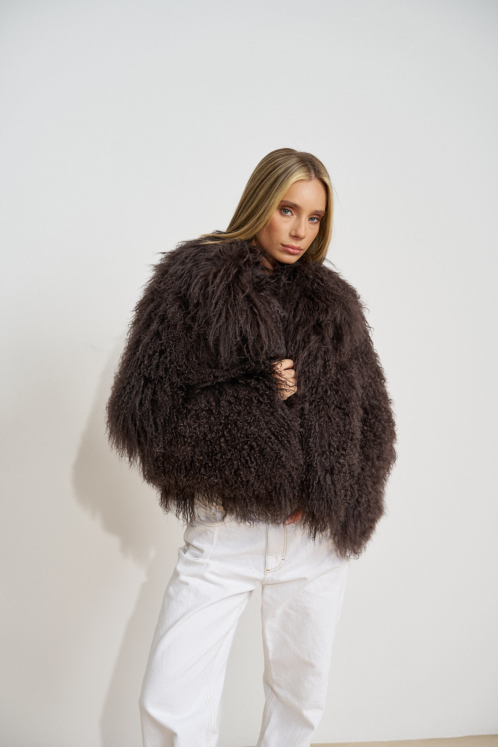 Natural Tibetan Lamb Fur Coat, Lapel Collar, Oversized, Dark Chocolate 511
