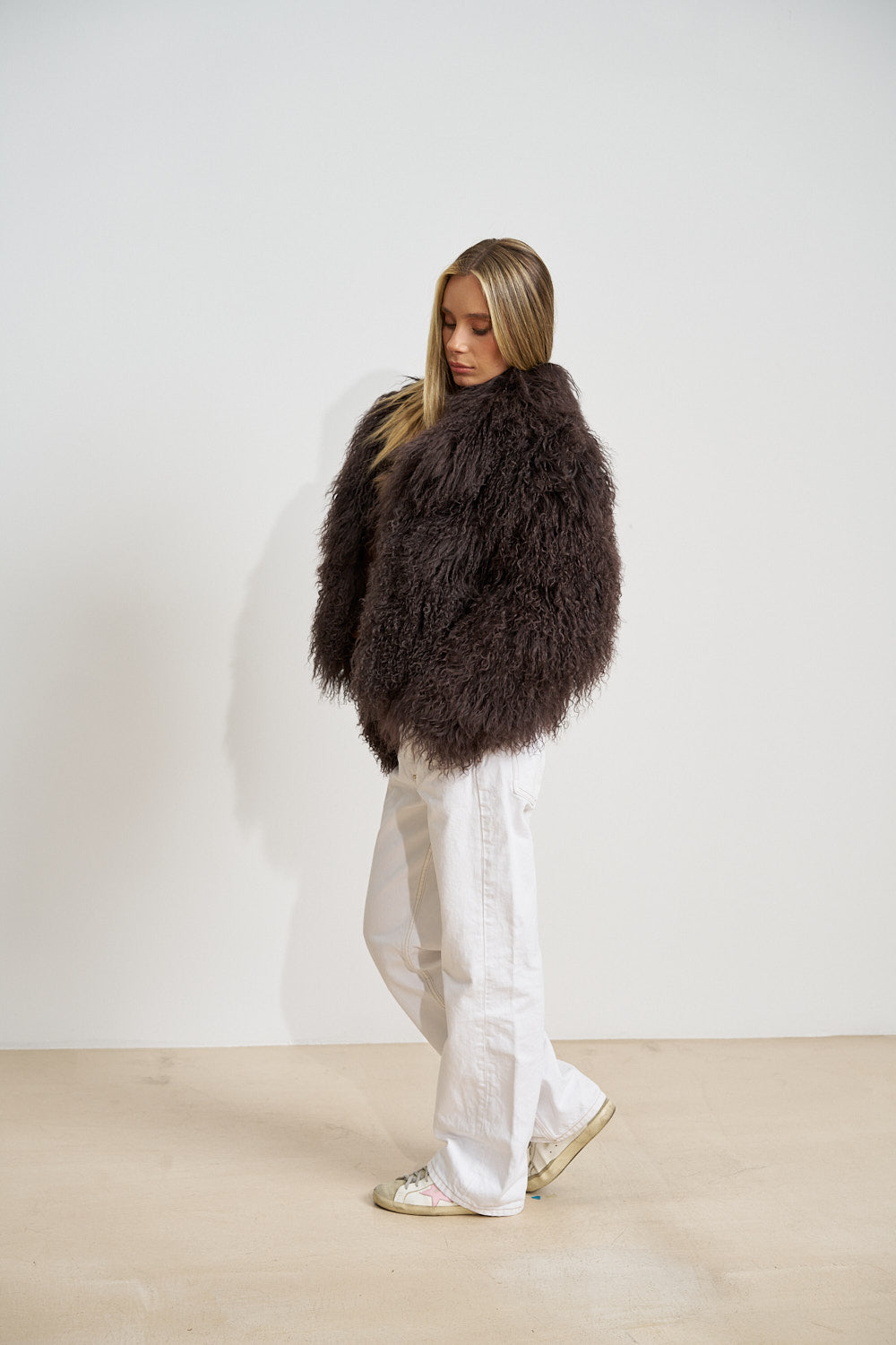 Natural Tibetan Lamb Fur Coat, Lapel Collar, Oversized, Dark Chocolate 511