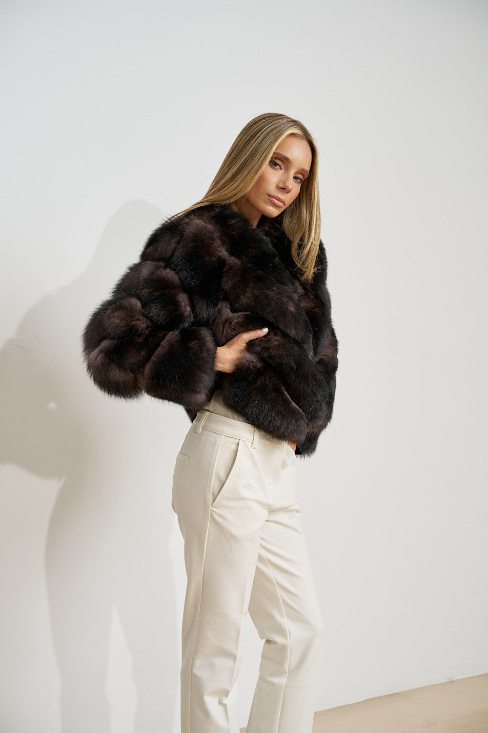 Natural Fox Fur Coat with Leather Inserts, Smoky Taupe 602