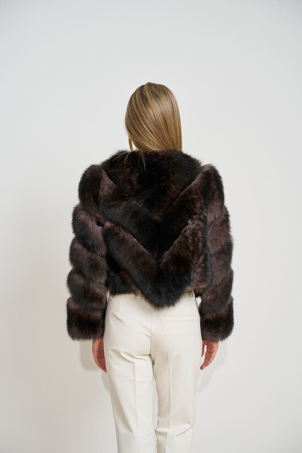 Natural Fox Fur Coat with Leather Inserts, Smoky Taupe 602