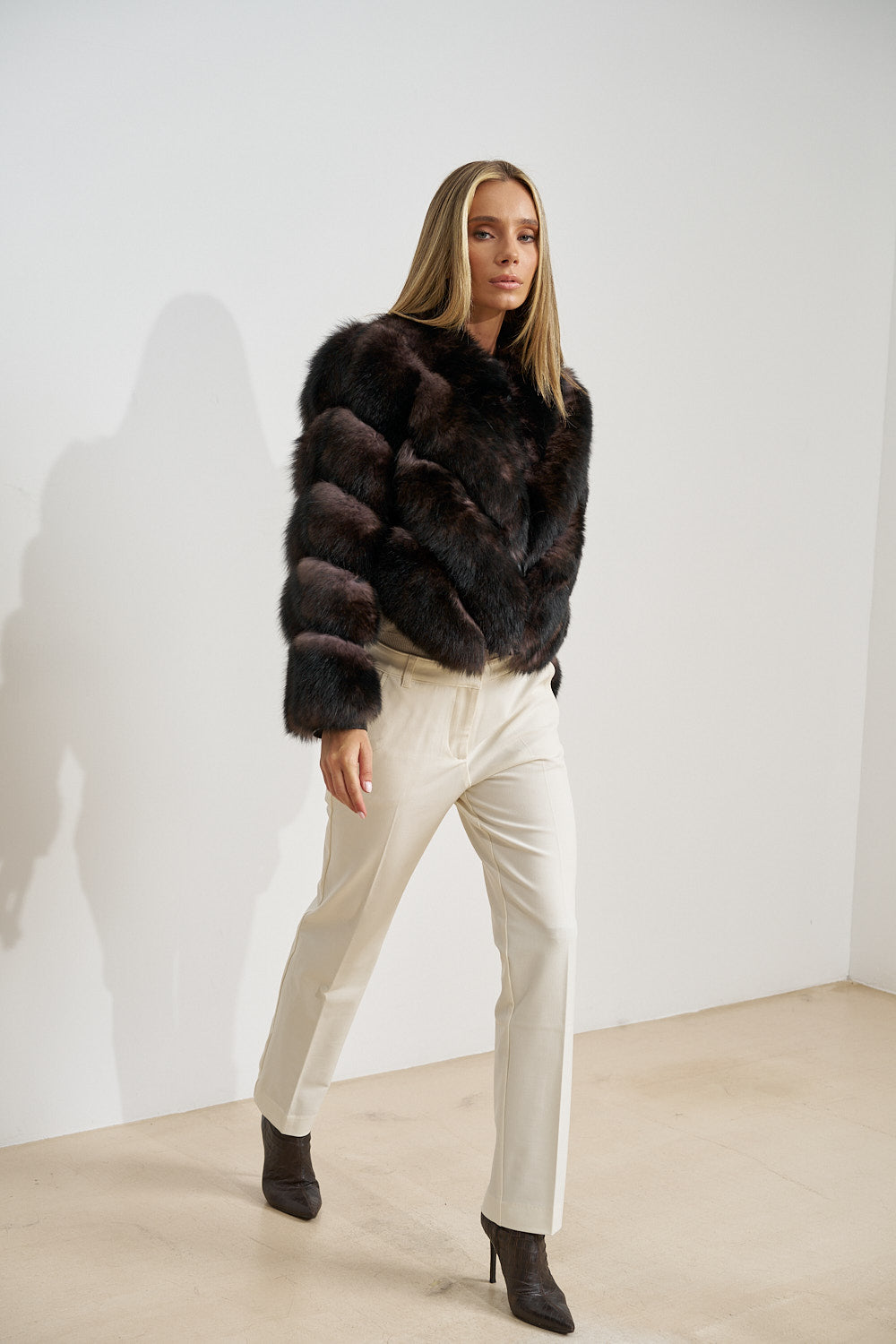 Natural Fox Fur Coat with Leather Inserts, Smoky Taupe 602