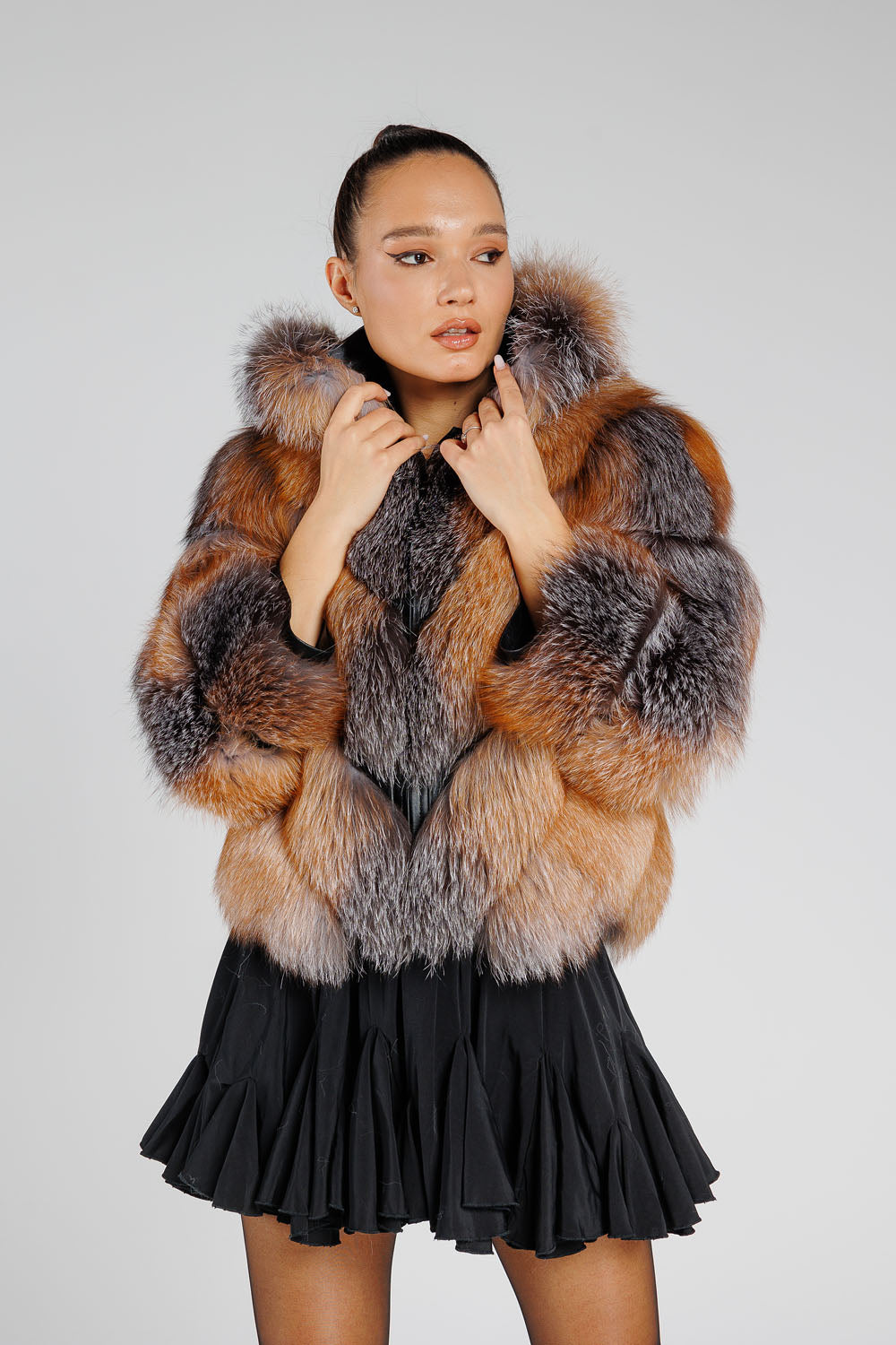 Natural Silver Fox Fur Coat, Convertible, V Model, with Detachable Hood, Women, Brown Frost 380