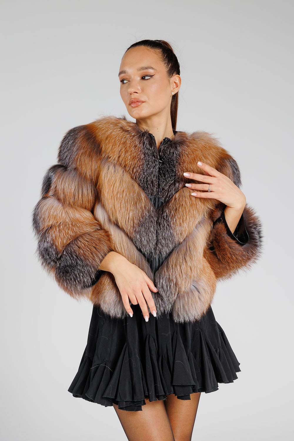 Natural Silver Fox Fur Coat, Convertible, V Model, with Detachable Hood, Women, Brown Frost 380