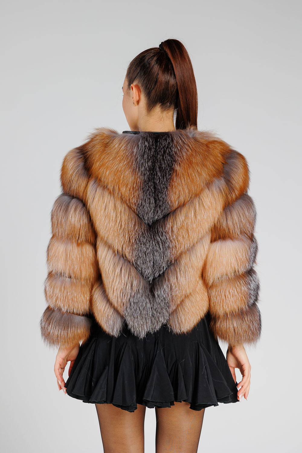 Natural Silver Fox Fur Coat, Convertible, V Model, with Detachable Hood, Women, Brown Frost 380