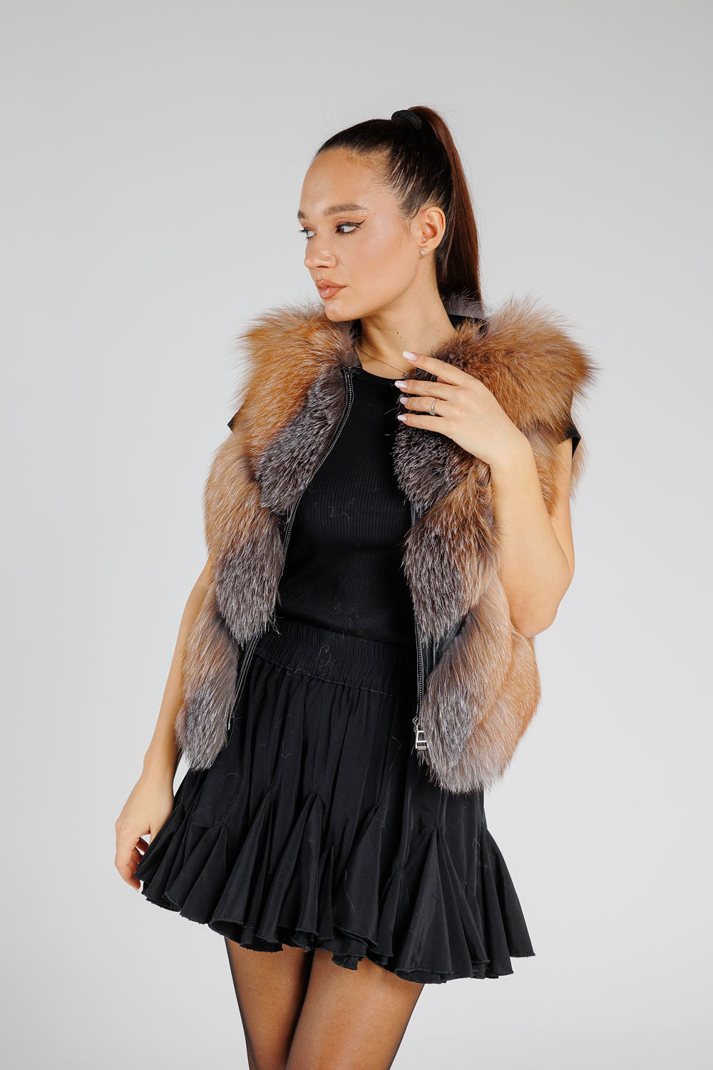 Natural Silver Fox Fur Coat, Convertible, V Model, with Detachable Hood, Women, Brown Frost 380