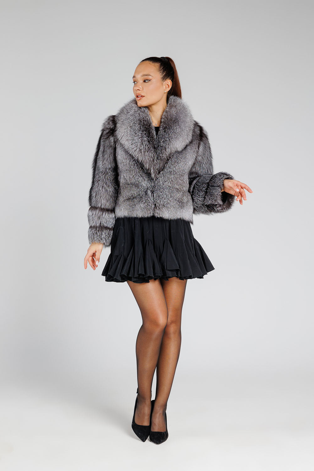 Women's Natural Silver Fox Fur Coat with Lapel Collar, Silver Frost 381