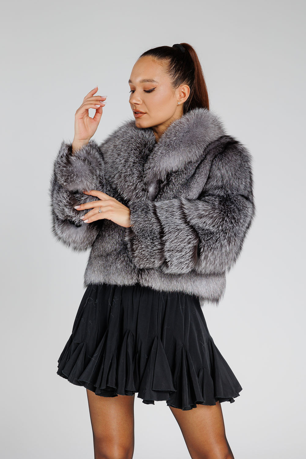 Women's Natural Silver Fox Fur Coat with Lapel Collar, Silver Frost 381