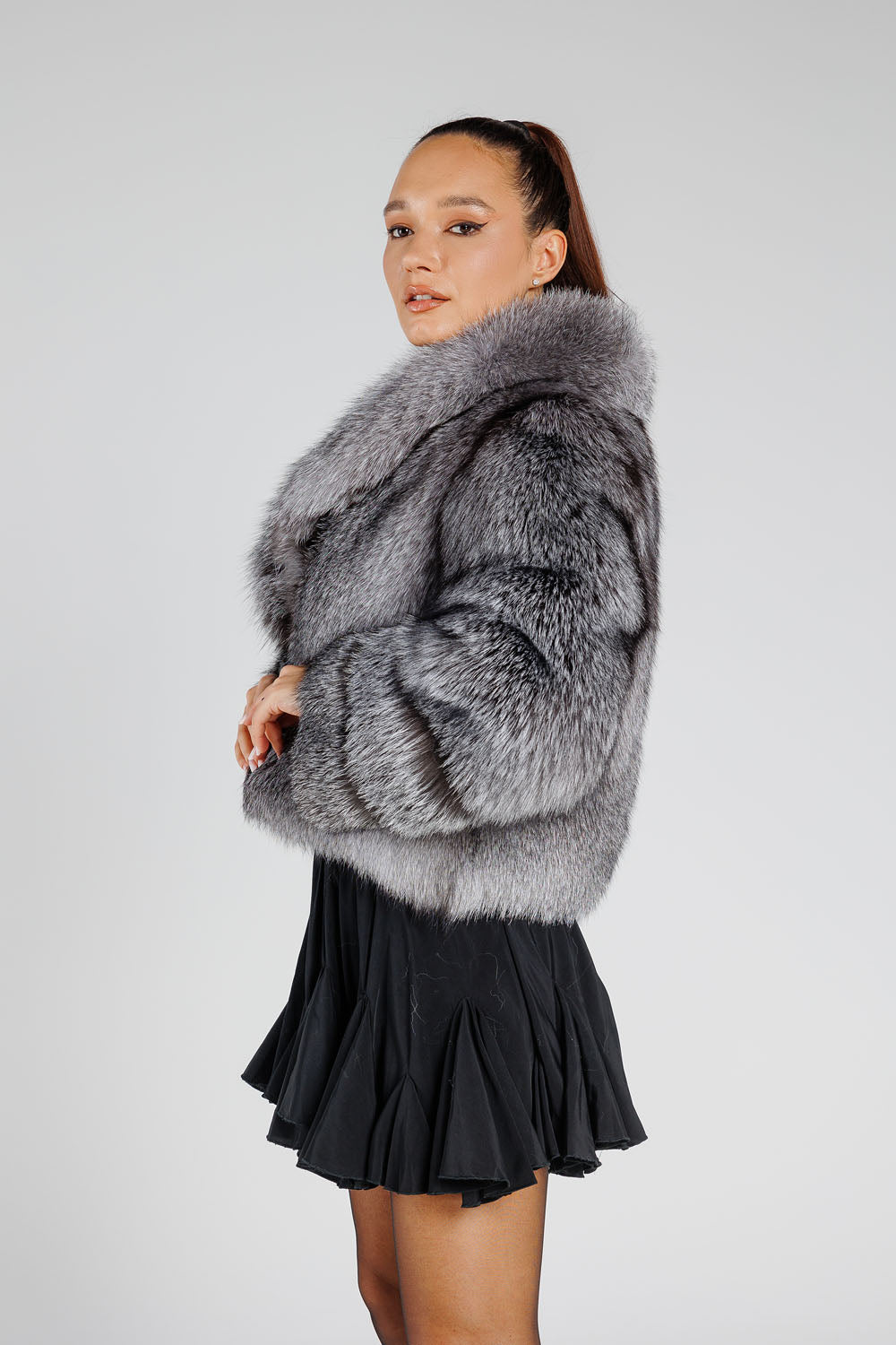 Women's Natural Silver Fox Fur Coat with Lapel Collar, Silver Frost 381