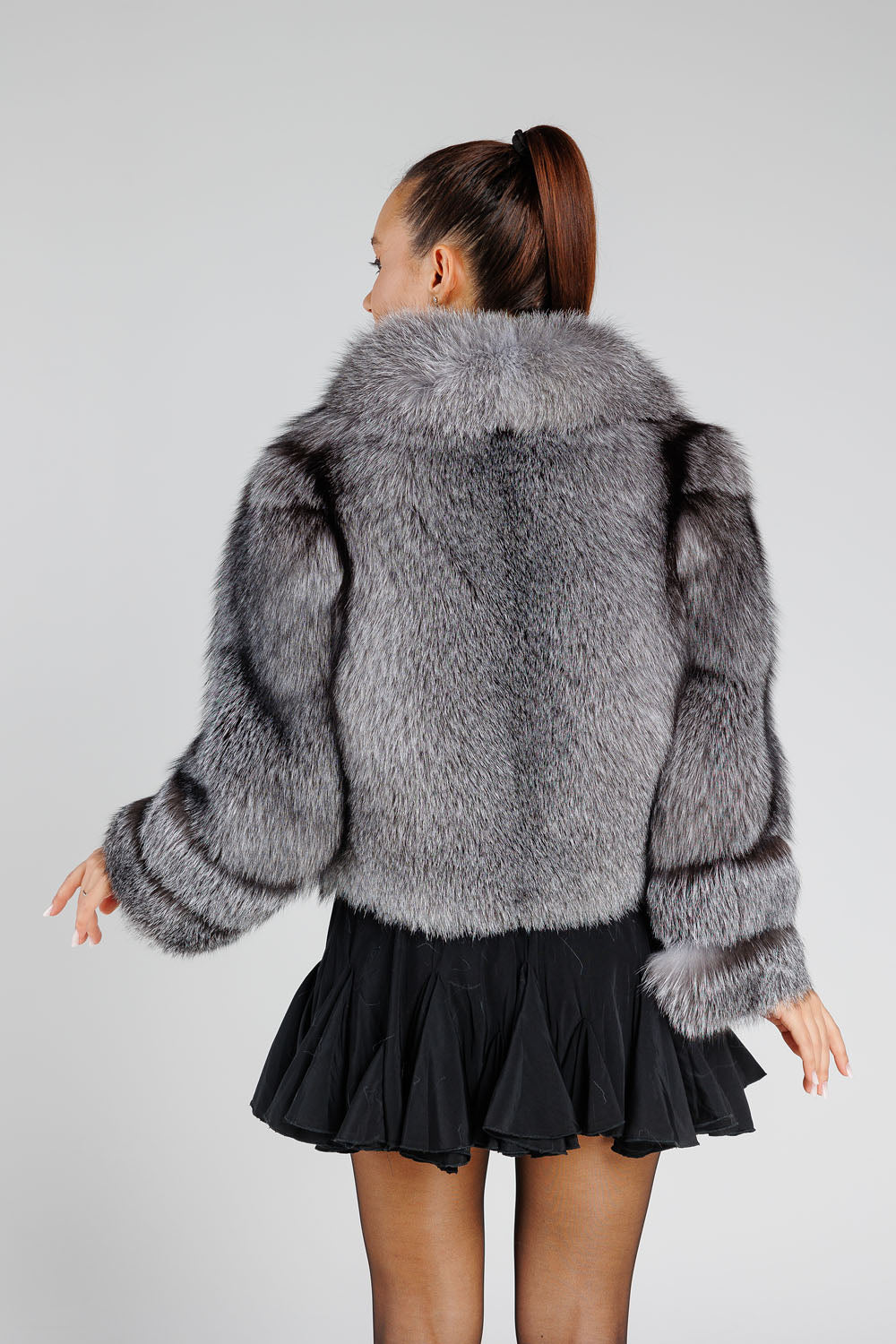 Women's Natural Silver Fox Fur Coat with Lapel Collar, Silver Frost 381