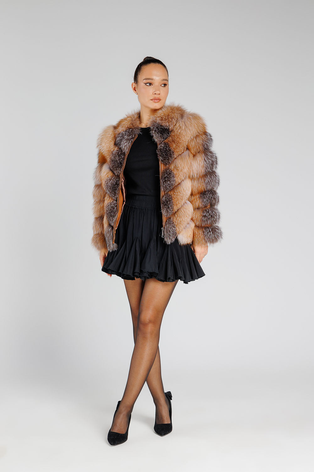 Natural Fox Fur Coat, V model, Women, Brown Frost 373