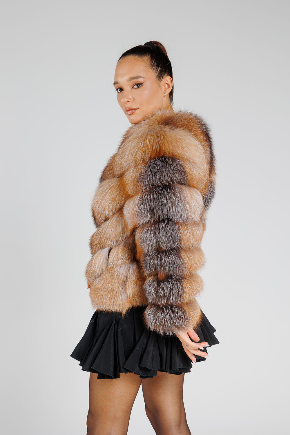 Natural Fox Fur Coat, V model, Women, Brown Frost 373