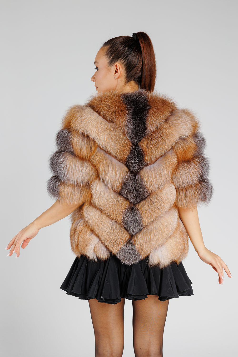 Natural Fox Fur Coat, V model, Women, Brown Frost 373