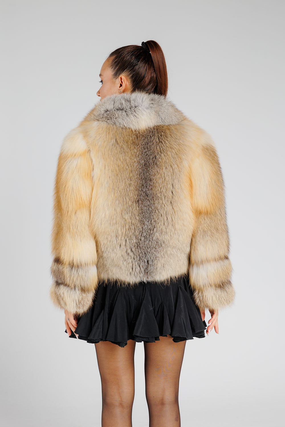 Haină din Blană Naturală de Vulpe, cu Guler Rever, Femei, Gold Frost 382