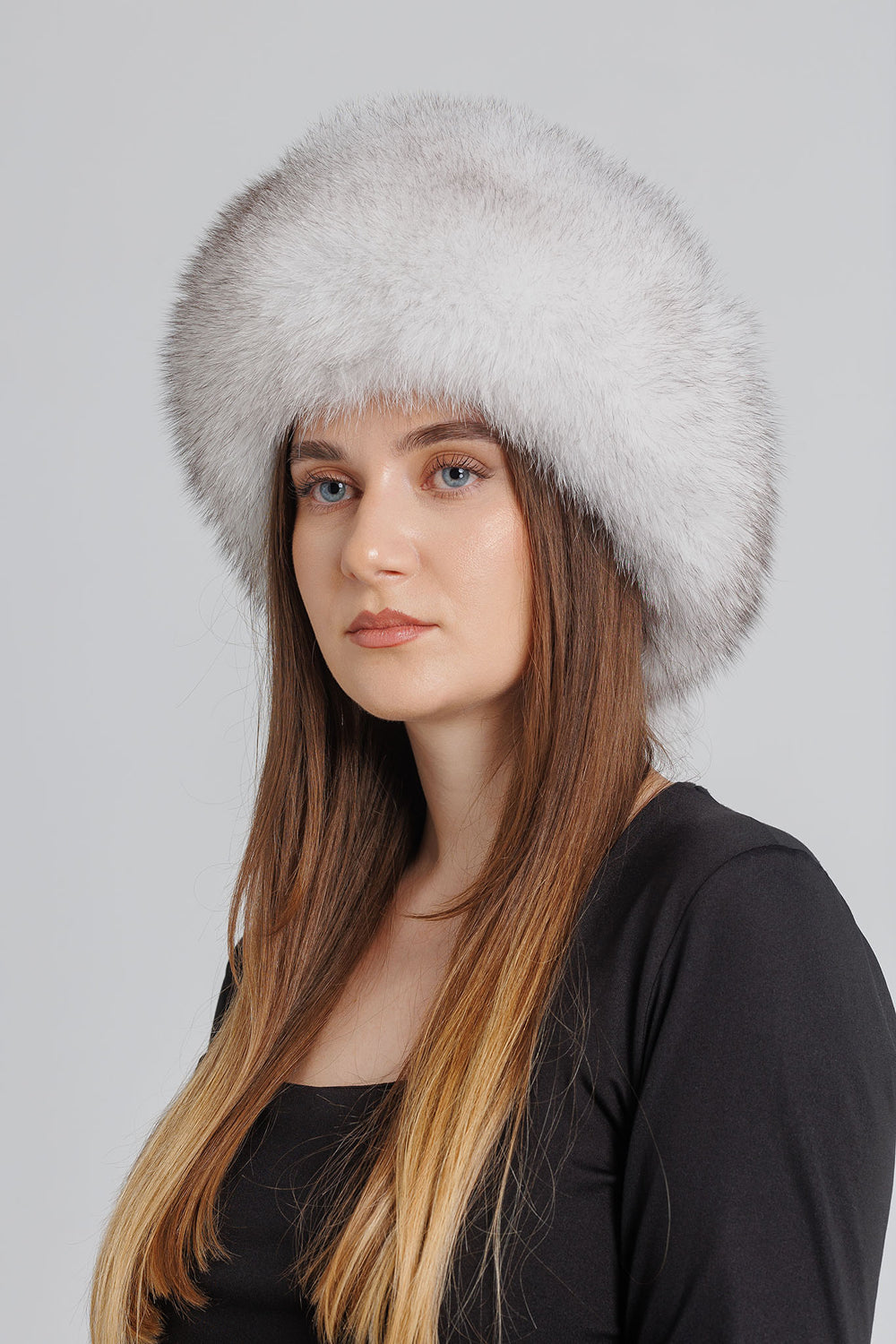 Căciulă din Blană Naturală de Vulpe, cu Capac din Piele Naturală, Femei, Natural White 40