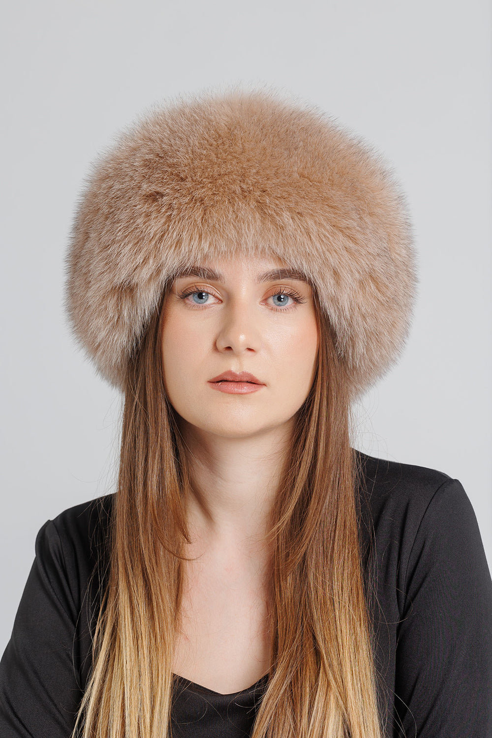 Căciulă din Blană Naturală de Vulpe, cu Capac din Piele Naturală, Femei, Russet 354