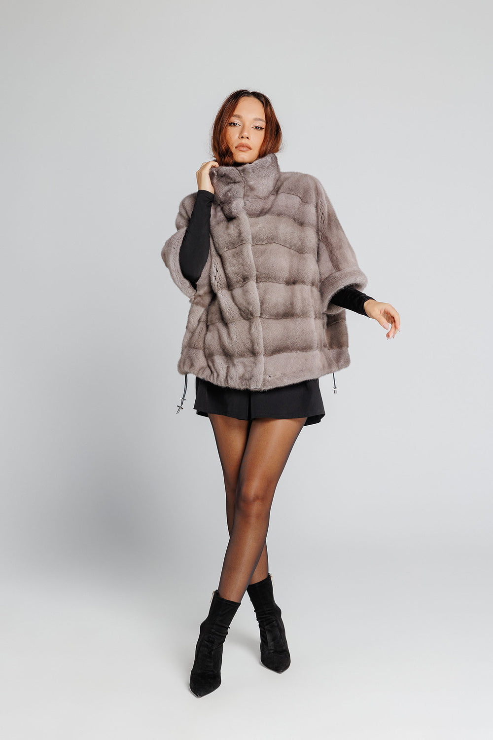 Capă din Blană Naturală de Vizon, Oversized, Femei, Silver Blue 343