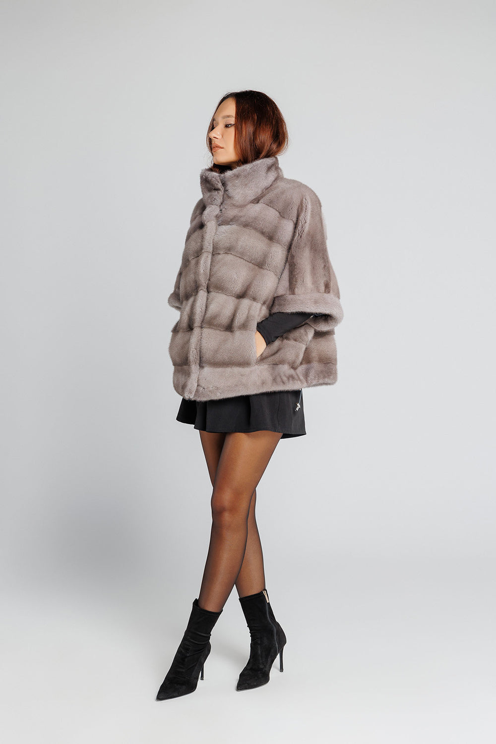 Capă din Blană Naturală de Vizon, Oversized, Femei, Silver Blue 343