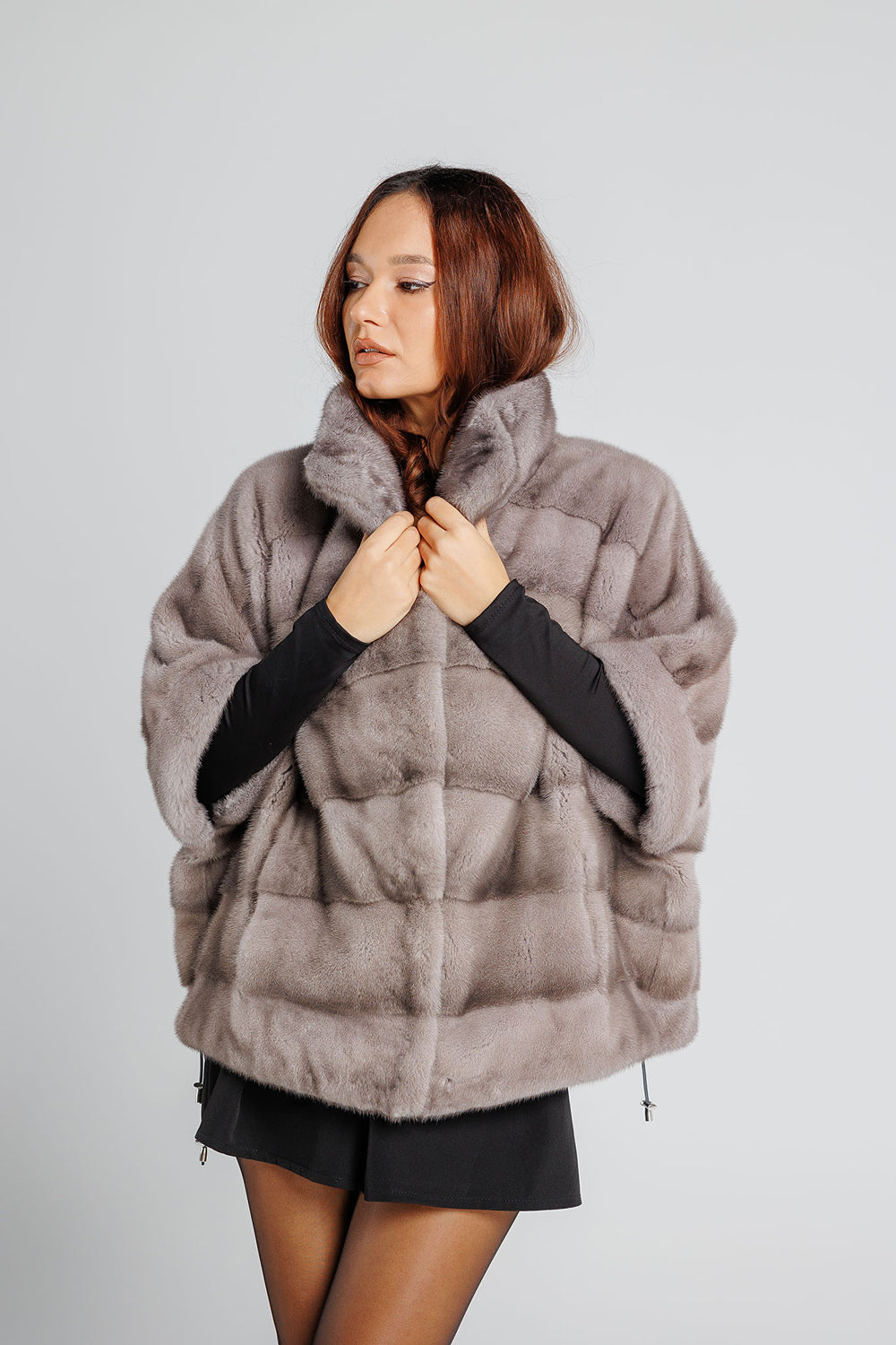 Capă din Blană Naturală de Vizon, Oversized, Femei, Silver Blue 343