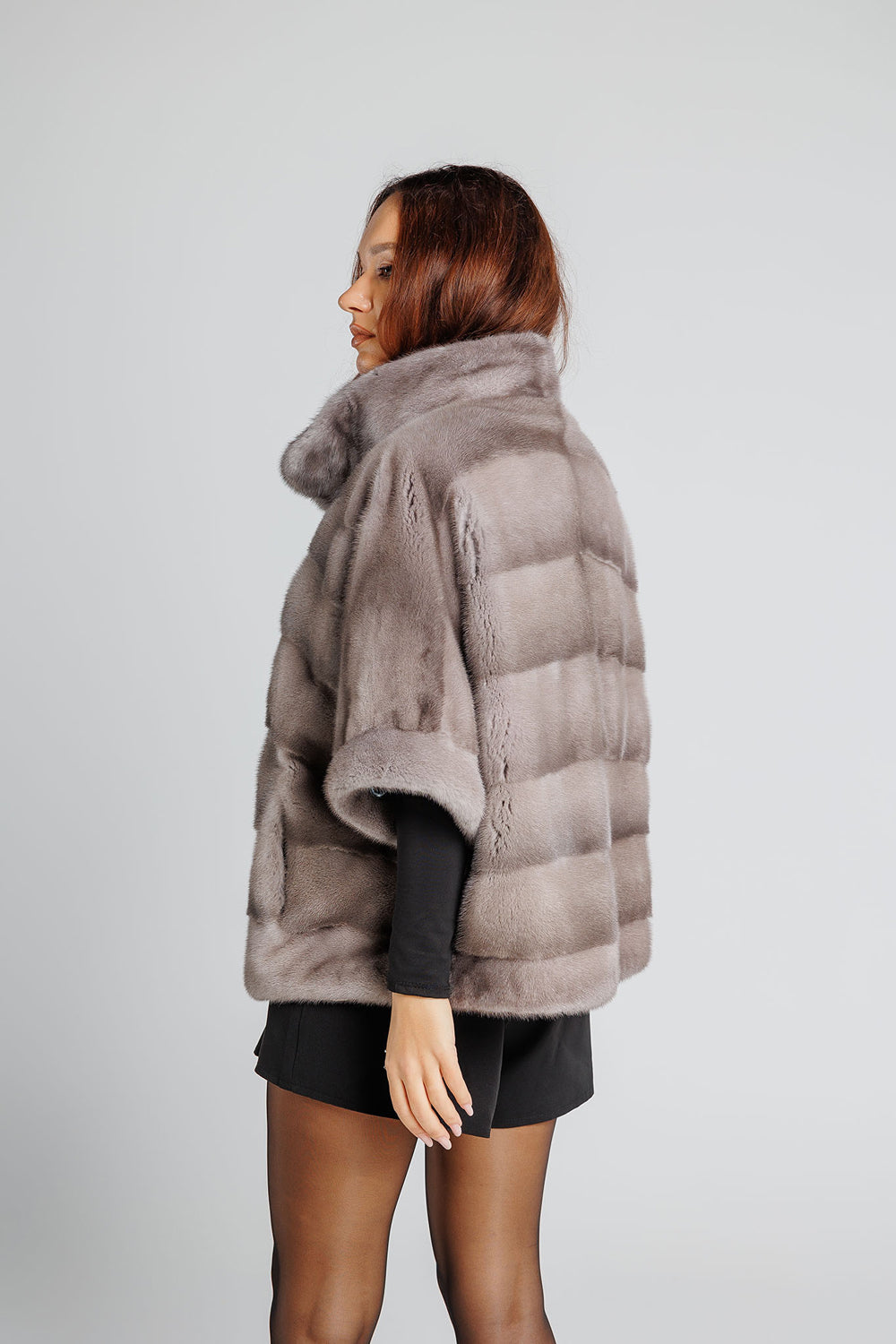 Capă din Blană Naturală de Vizon, Oversized, Femei, Silver Blue 343