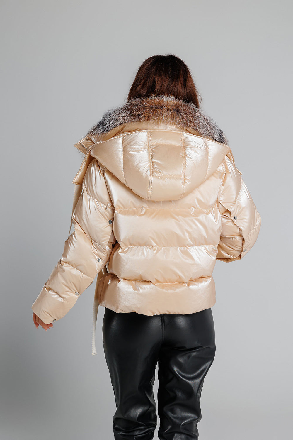 Geacă Textilă cu Blană de Naturală Vulpe, Umplută cu Puf Natural, Impermeabilă, Femei, Pearl Brown Frost 351