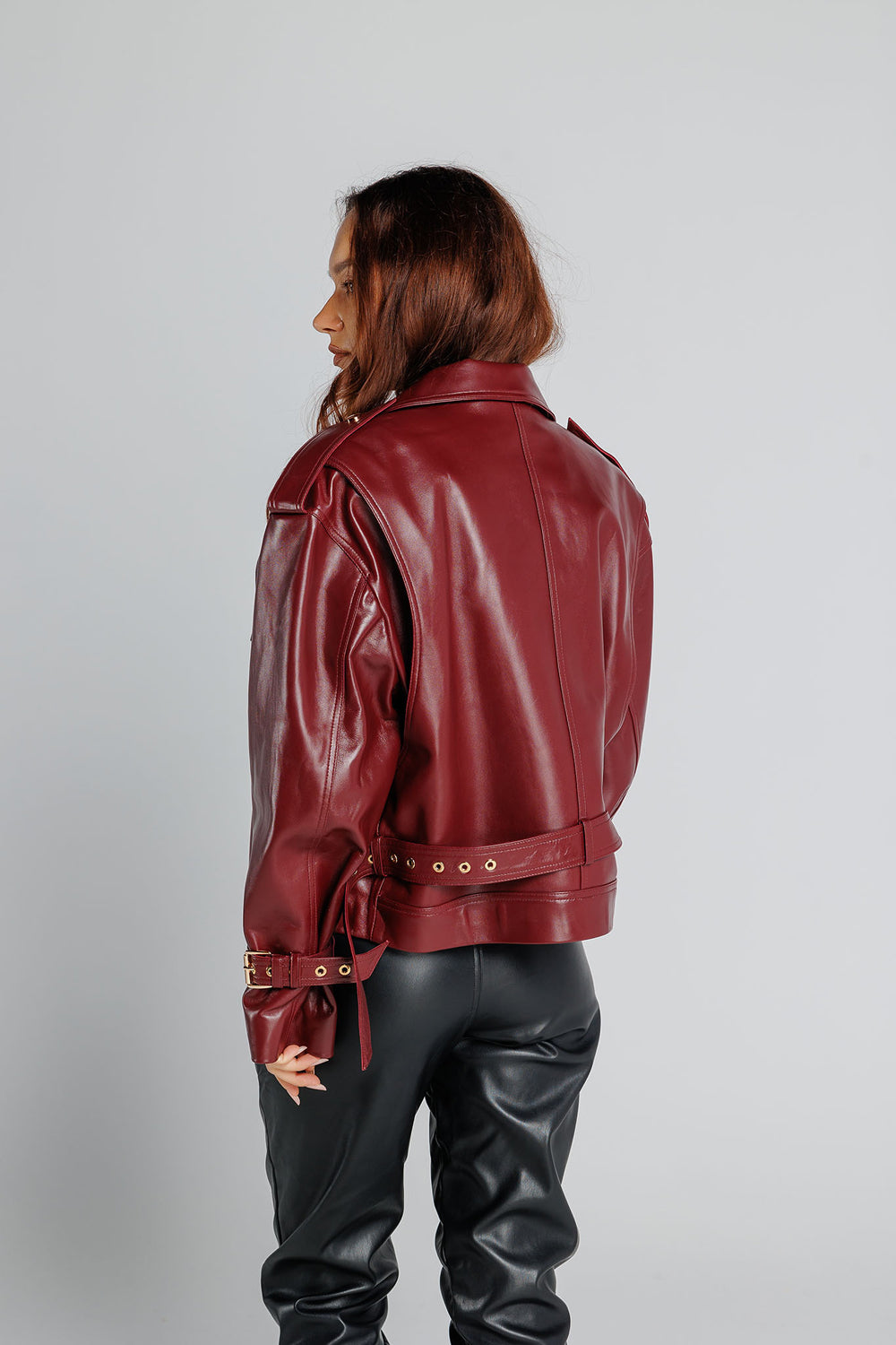 Geacă din Piele Naturală, Oversized, Femei, Burgundy Gold 349
